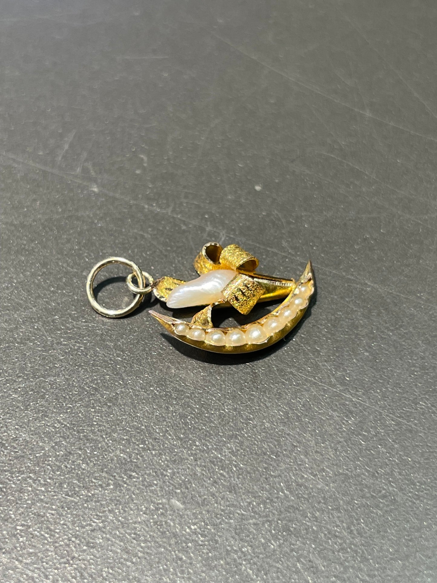 Antique 14K Yellow Gold Seed Pearl Lily Crescent Charm