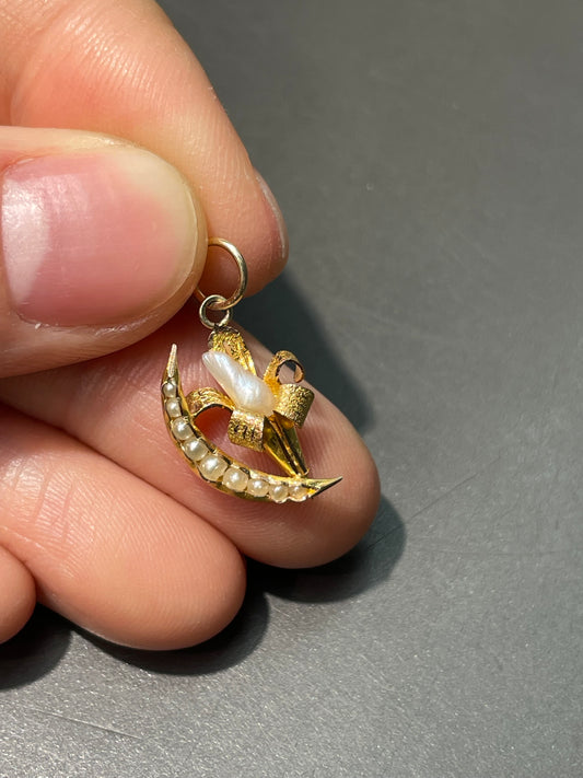Antique 14K Yellow Gold Seed Pearl Lily Crescent Charm