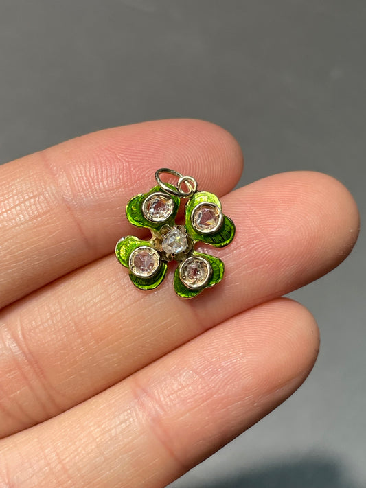 Antique 14K Yellow Gold Enamel 0.40 CTW Diamond Clover Shamrock Charm