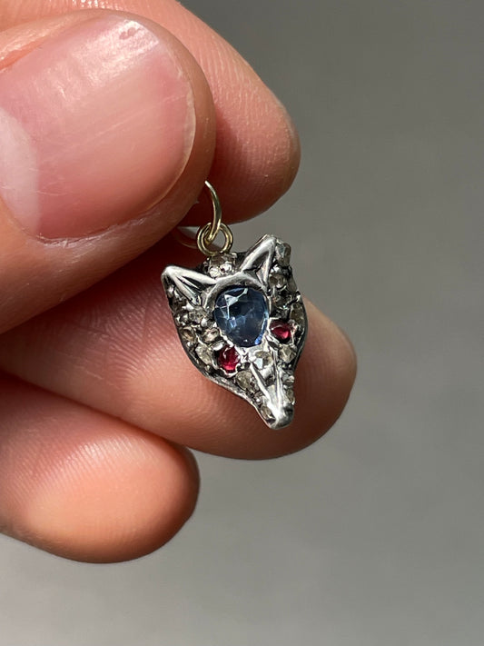 Antique Silver Topped 14K Yellow Gold Natural Sapphire Diamond Fox Charm