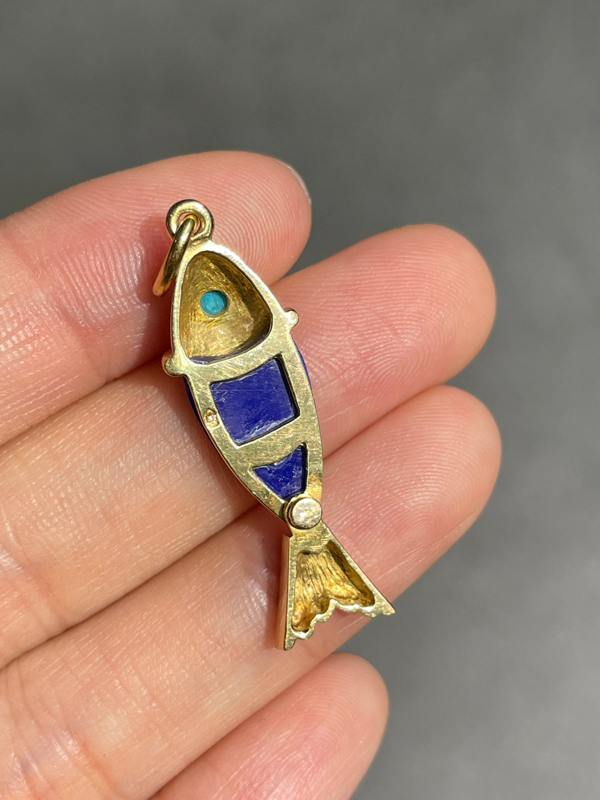 Vintage 14K Gold Lapiz Turquoise Articualted Fish Charm