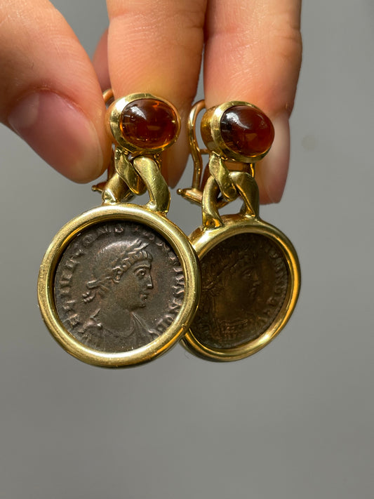 Vintage 18K Yellow Gold Ancient Roman Coin Citrine Drop Earring