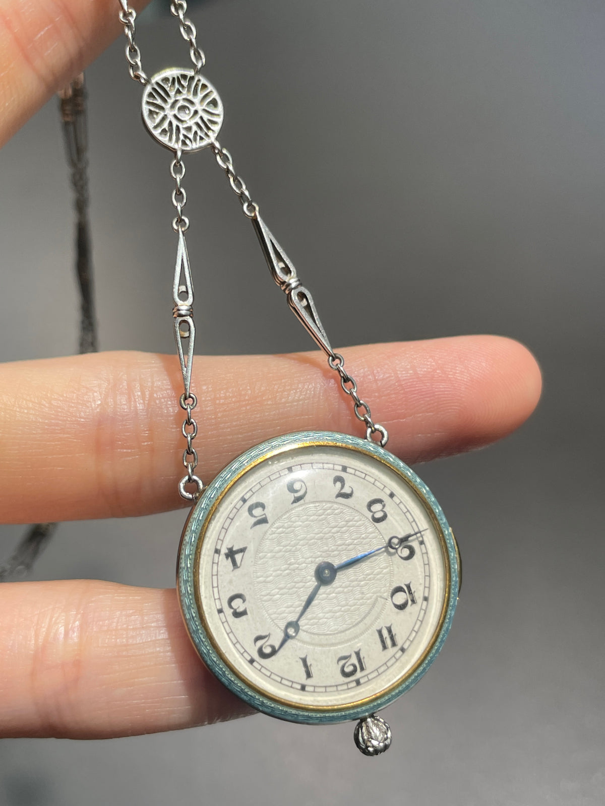 Antique Edwardian Platinum Turquoise Guilloche Enamel Pendant Watch and Chain