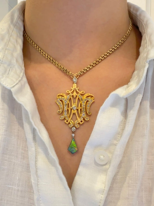 Edwardian 18K Yellow Gold Black Opal 2.3 CTW Diamond Motif Pendant Necklace