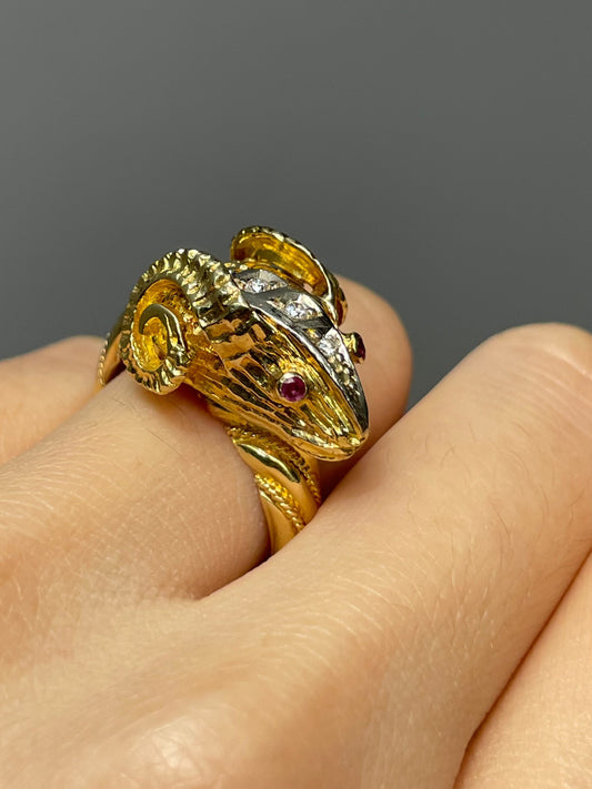 Vintage 18K Two-Tone Gold Diamond Ruby Ram Ring