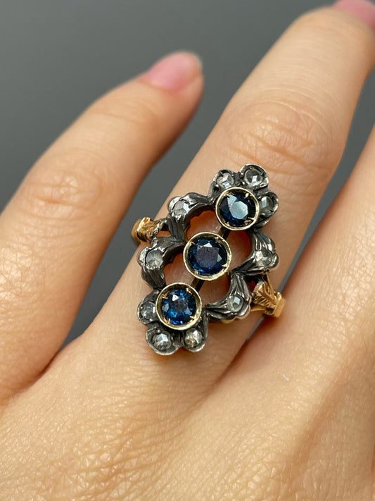 Antique Silver Topped 18K Yellow Gold Sapphire Diamond Ring