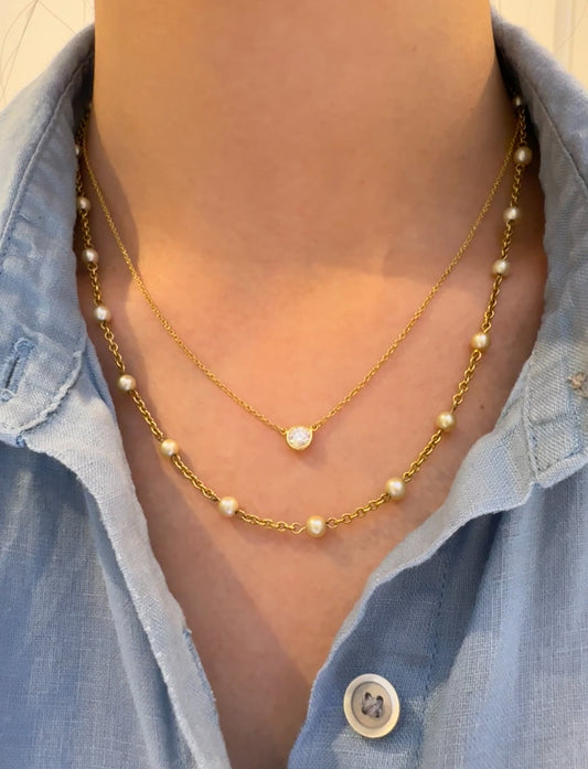 18K Yellow Gold 4.0 mm Akoya Pearl Station Necklace 21.0 inches