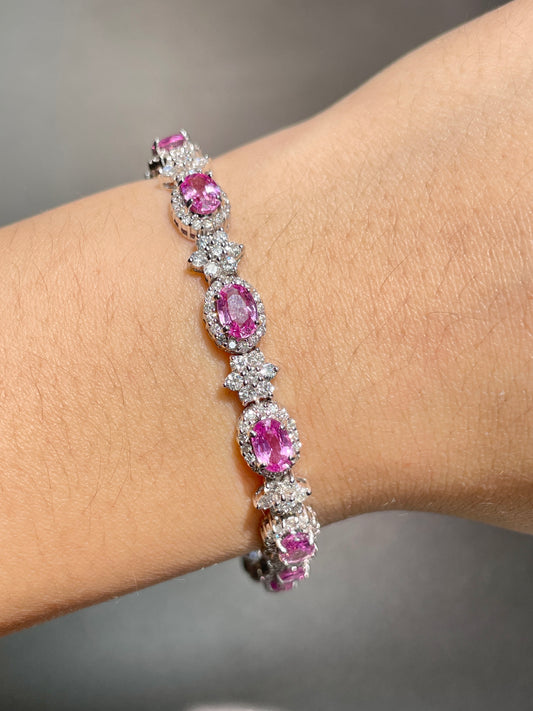 14K Gold Pink Sapphire Diamond Halo Tennis Bracelet