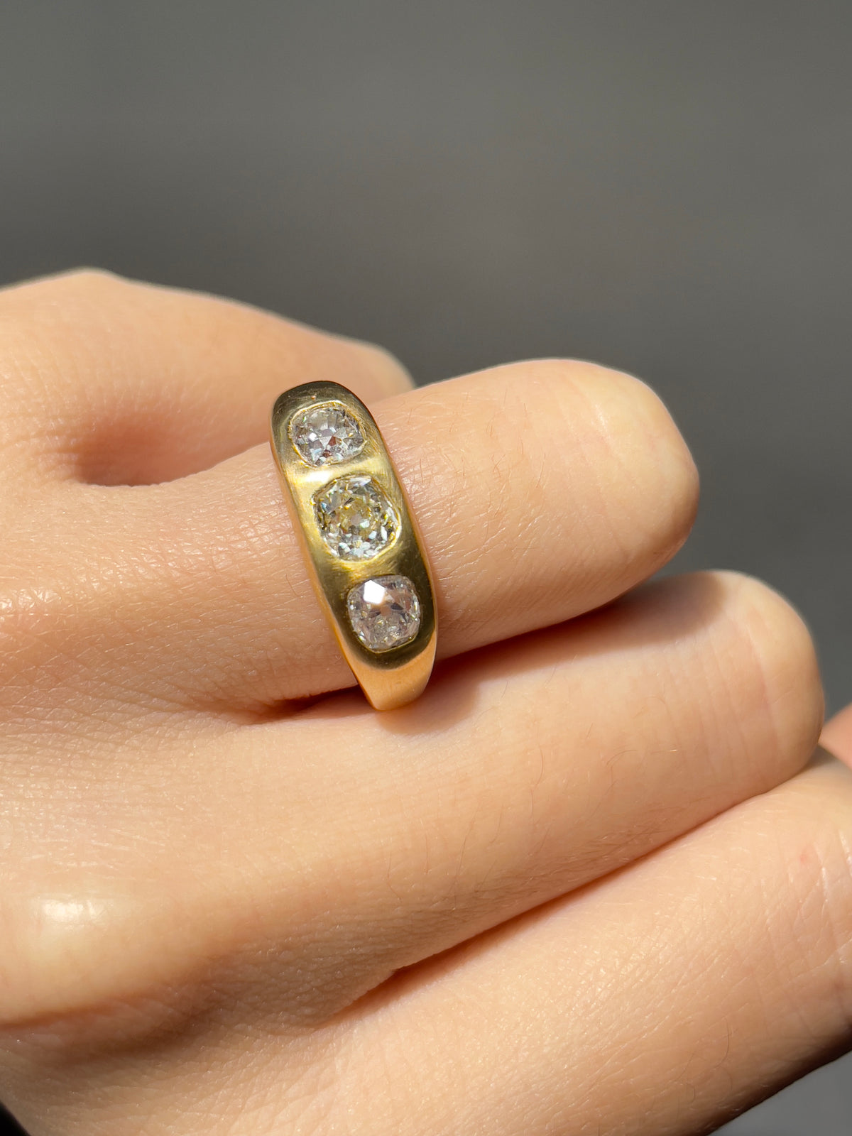 14K Gold 1.44 CTW Old Mine Cut Diamond Three Stone Gypsy Ring