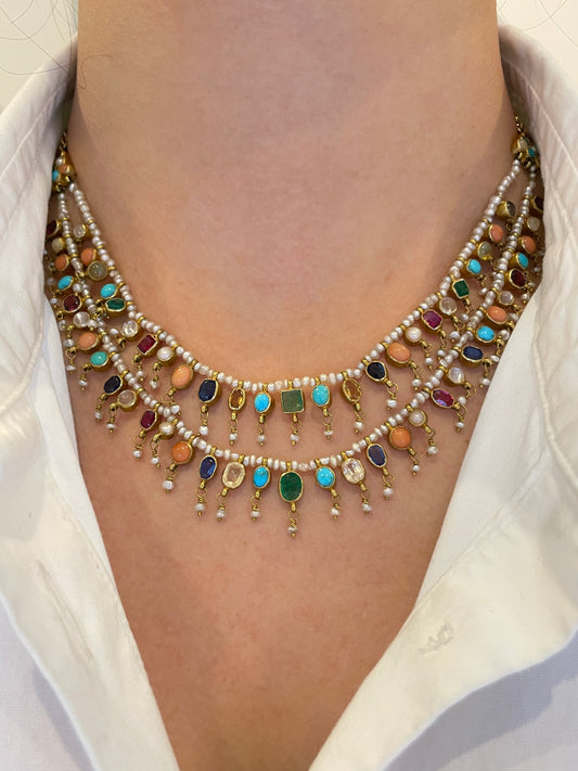 Vintage 22K Yellow Gold Muti-Gemstone Fringe Necklace