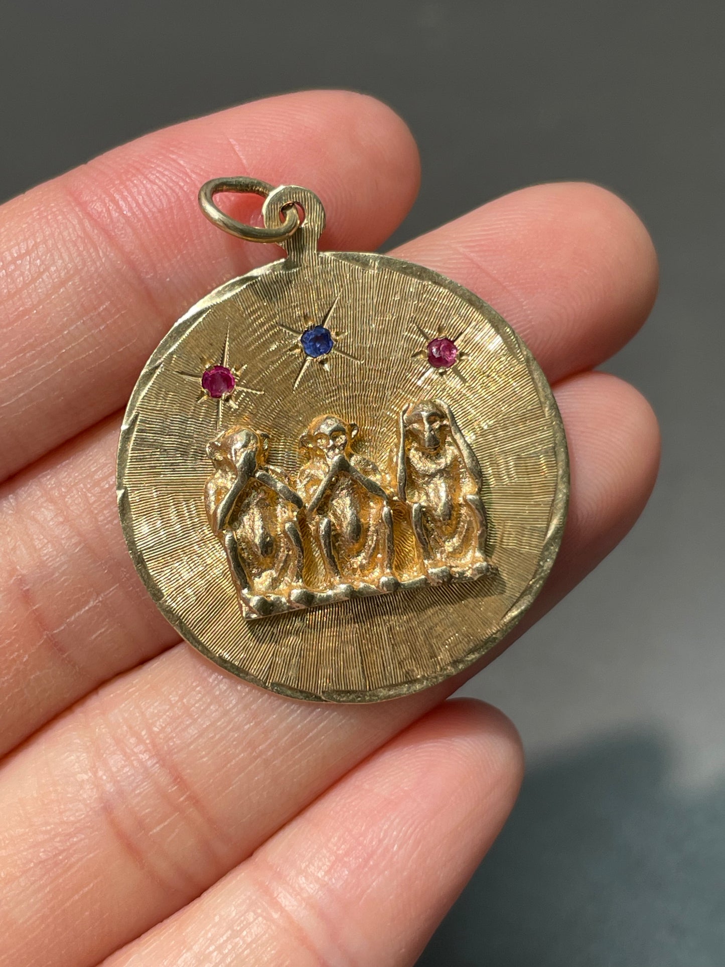 Vintage 14K Yellow Gold Large "Three Wise Monkeys" Pendant