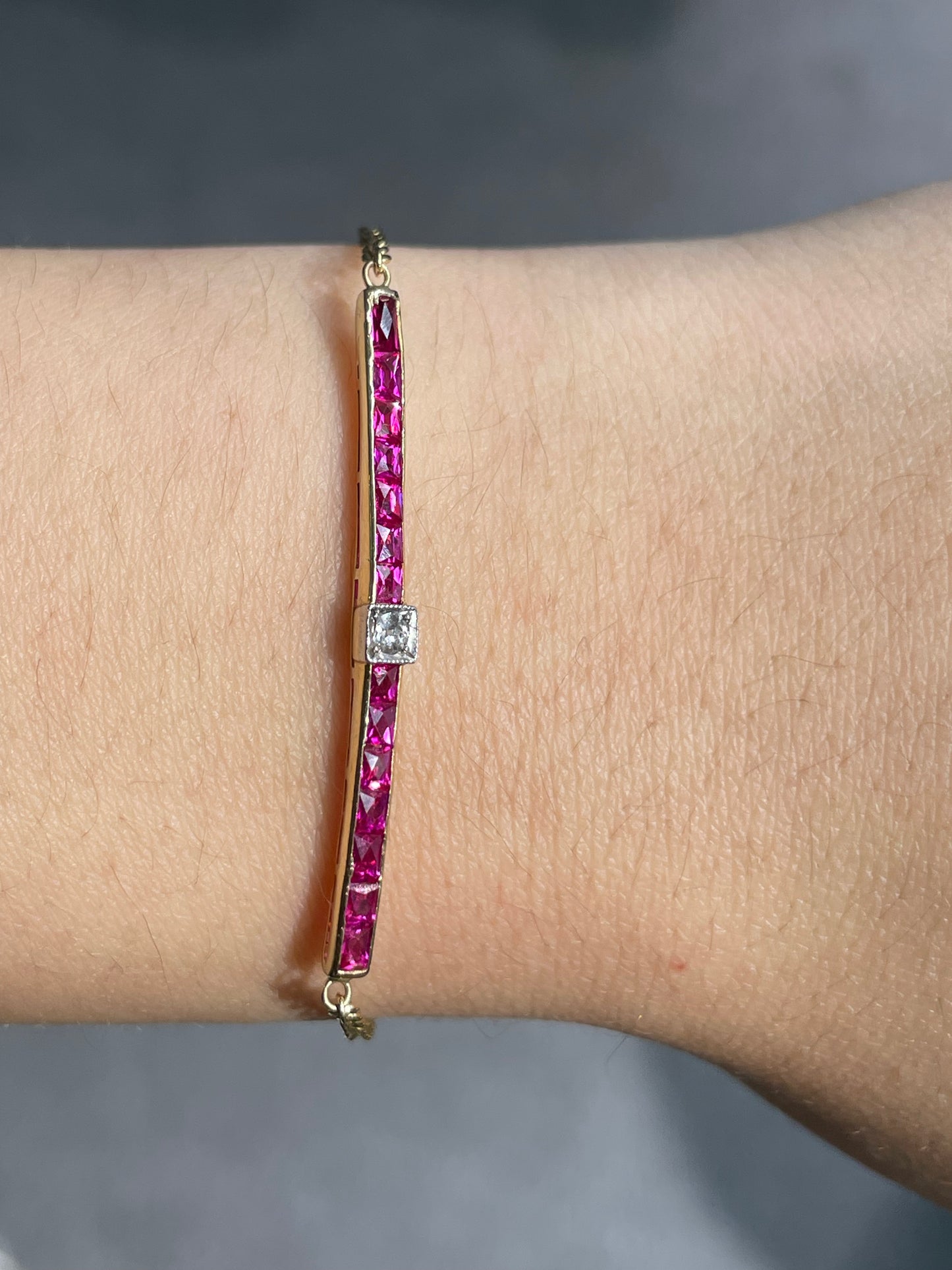 18K Yellow Gold Ruby Diamond Bar Bracelet