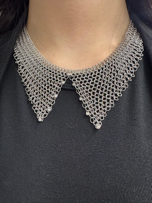 18K White Gold 0.18 CTW Diamond Mesh Collar Statement Necklace