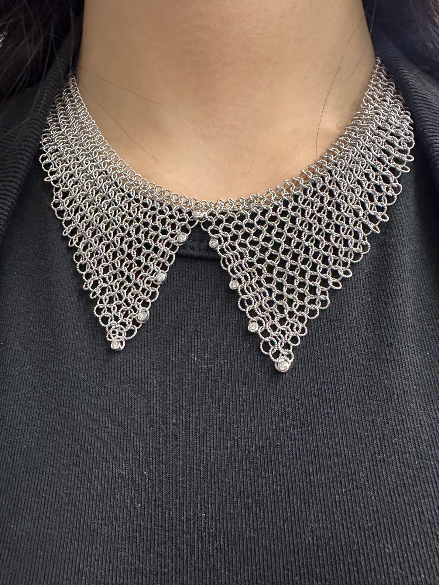 18K White Gold 0.18 CTW Diamond Mesh Collar Statement Necklace