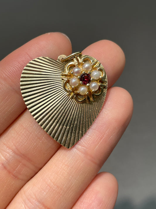 Vintage 14K Yellow Gold Garnet Pearl Engine Turned Heart Charm