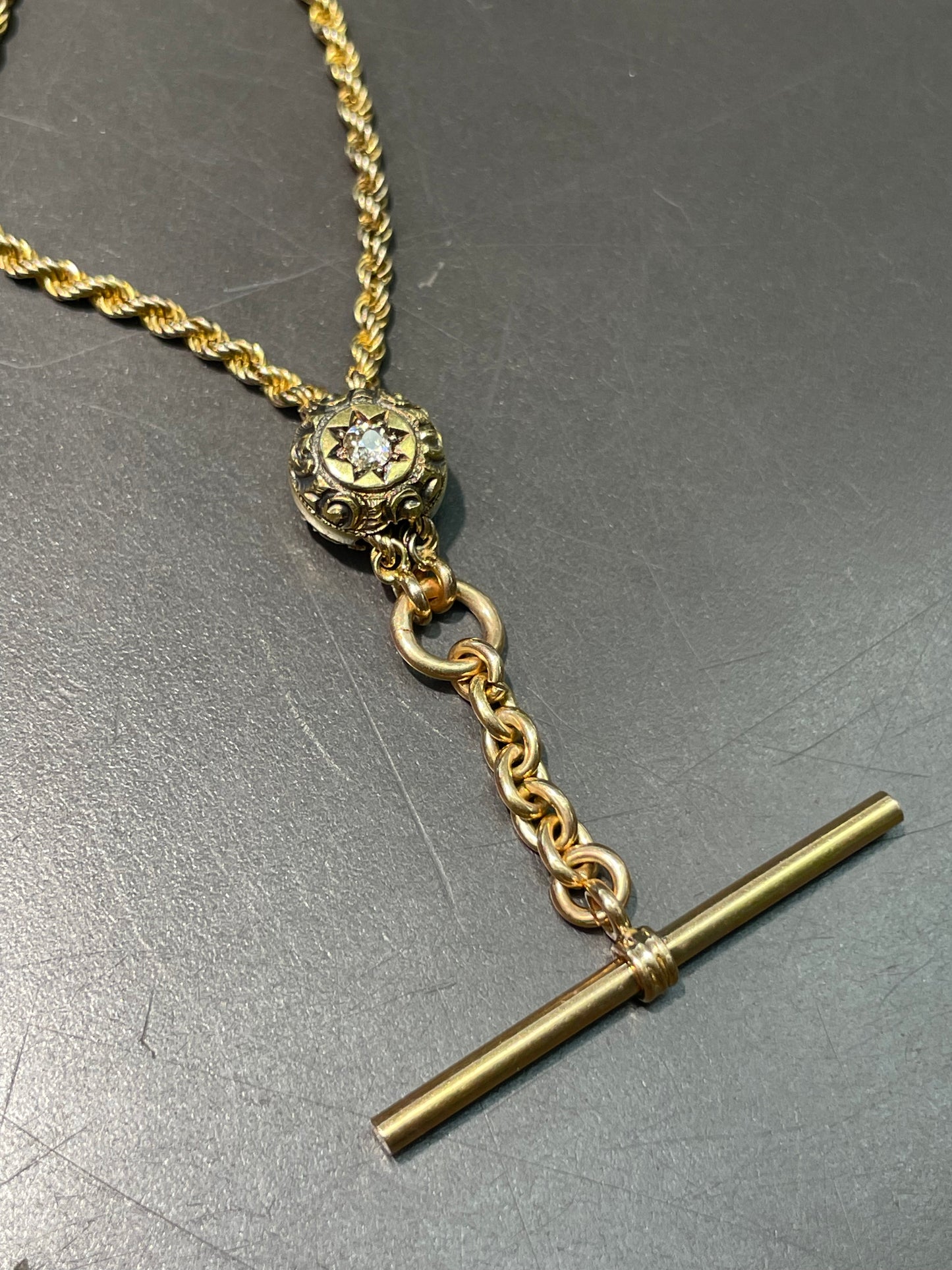 Antique 14K Yellow Gold 0.36 CTW Diamond Starburst Twisted Rope Albert Watch Chain Necklace