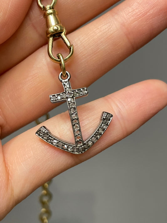 Vintage 18K Gold Silver Diamond Anchor Pendant Charm