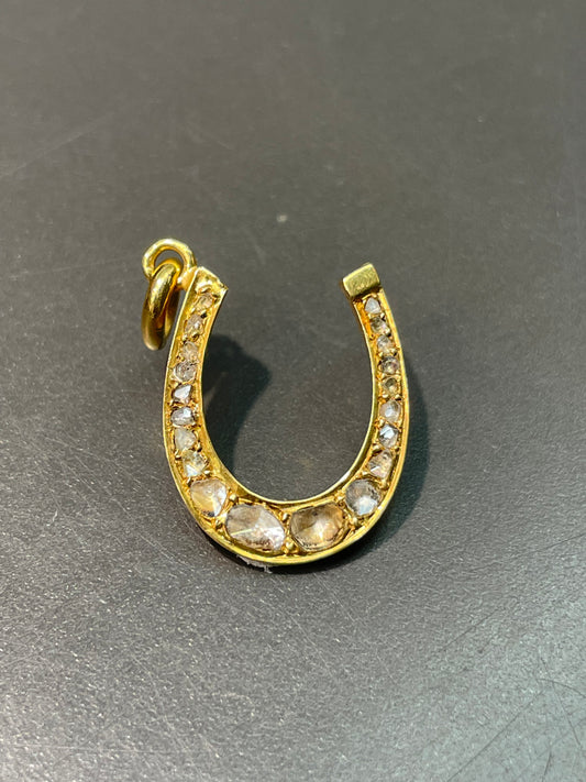 Antique 14K Yellow Gold Rose Cut Diamond Horse Shoe Pendant
