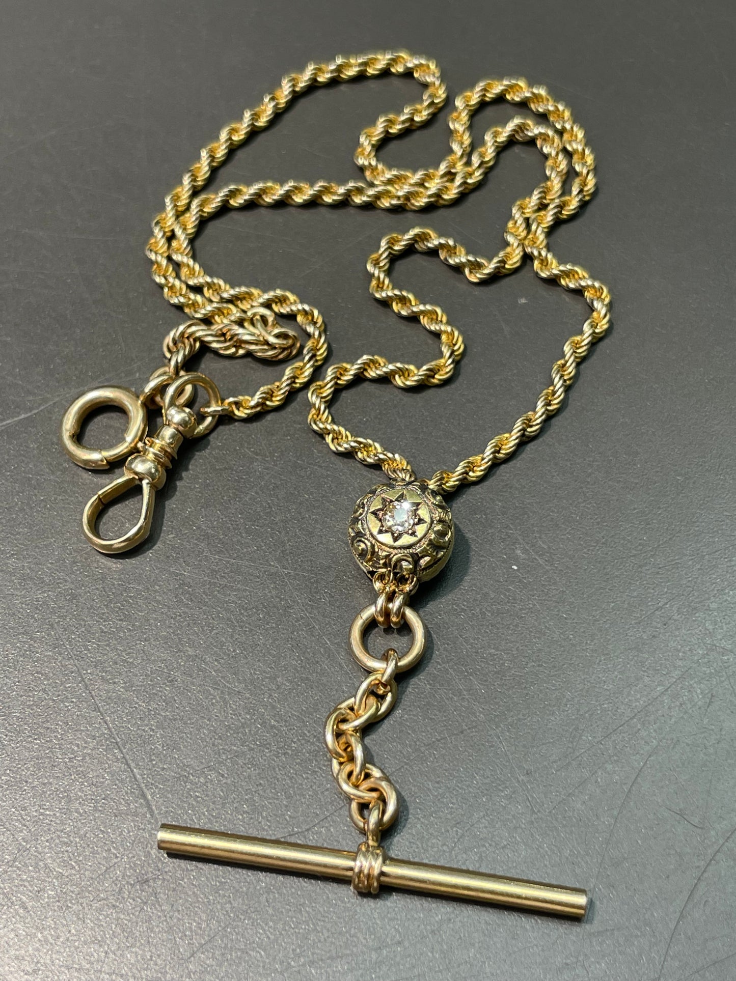 Antique 14K Yellow Gold 0.36 CTW Diamond Starburst Twisted Rope Albert Watch Chain Necklace