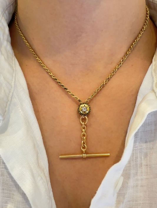 Antique 14K Yellow Gold 0.36 CTW Diamond Starburst Twisted Rope Albert Watch Chain Necklace