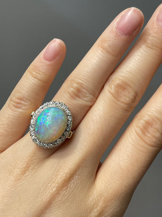 Antique 14K Yellow Gold 4.96 CTW Opal Diamond Halo Ring
