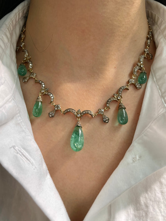 Antique 14K Gold Topped Silver Emerald Diamond Drop Necklace