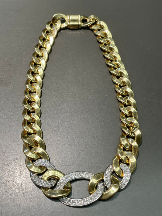 Vintage 14K Yellow Gold 3.6 CTW Diamond Pave Graduated Curb Link Chain Necklace 17.5 inch