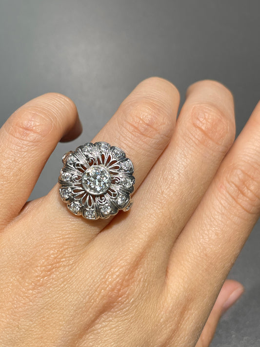 Antique Platinum 18K Gold 2.05 CTW Diamond Flower Cluster Ring