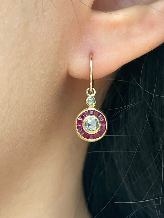 Antique 18K Yellow Gold Rose Cut Diamond Ruby Target Halo Earring