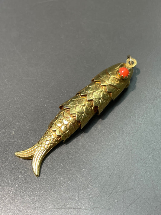 Vintage 18K Yellow Gold Large Coral Articulated Fish Pendant Charm