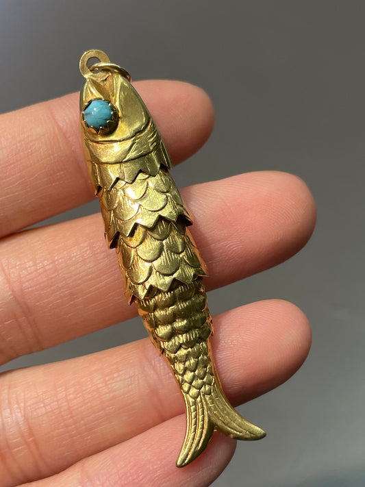 Vintage 18K Yellow Gold Large Turquoise Articulated Fish Pendant Charm