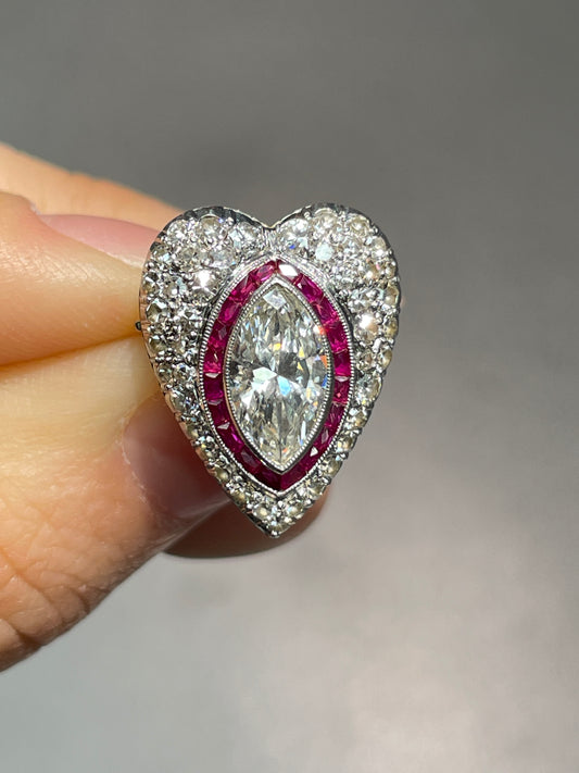 Art Deco Platinum 1.10 CTW Marquise Shaped Diamond Ruby Heart Pendant Brooch