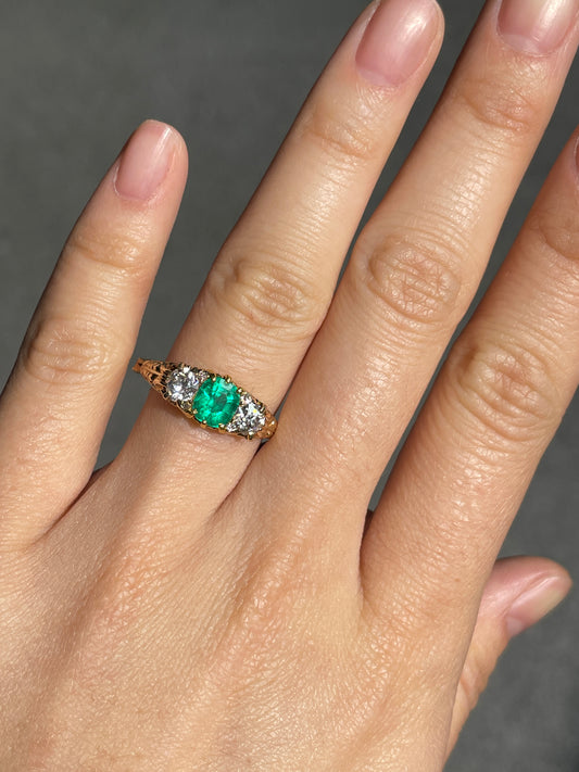 Antique 14K Gold 1.15 CTW Colombian Emerald Diamond Three Stone Ring GIA