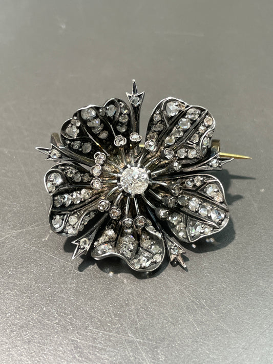 French Victorian Rose Cut Diamond Flower Brooch