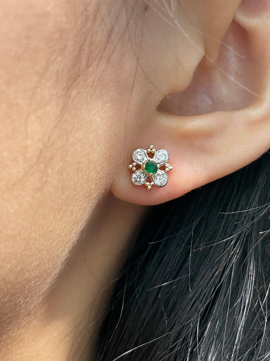 14K Gold Diamond Emerald Flower Cluster Earring