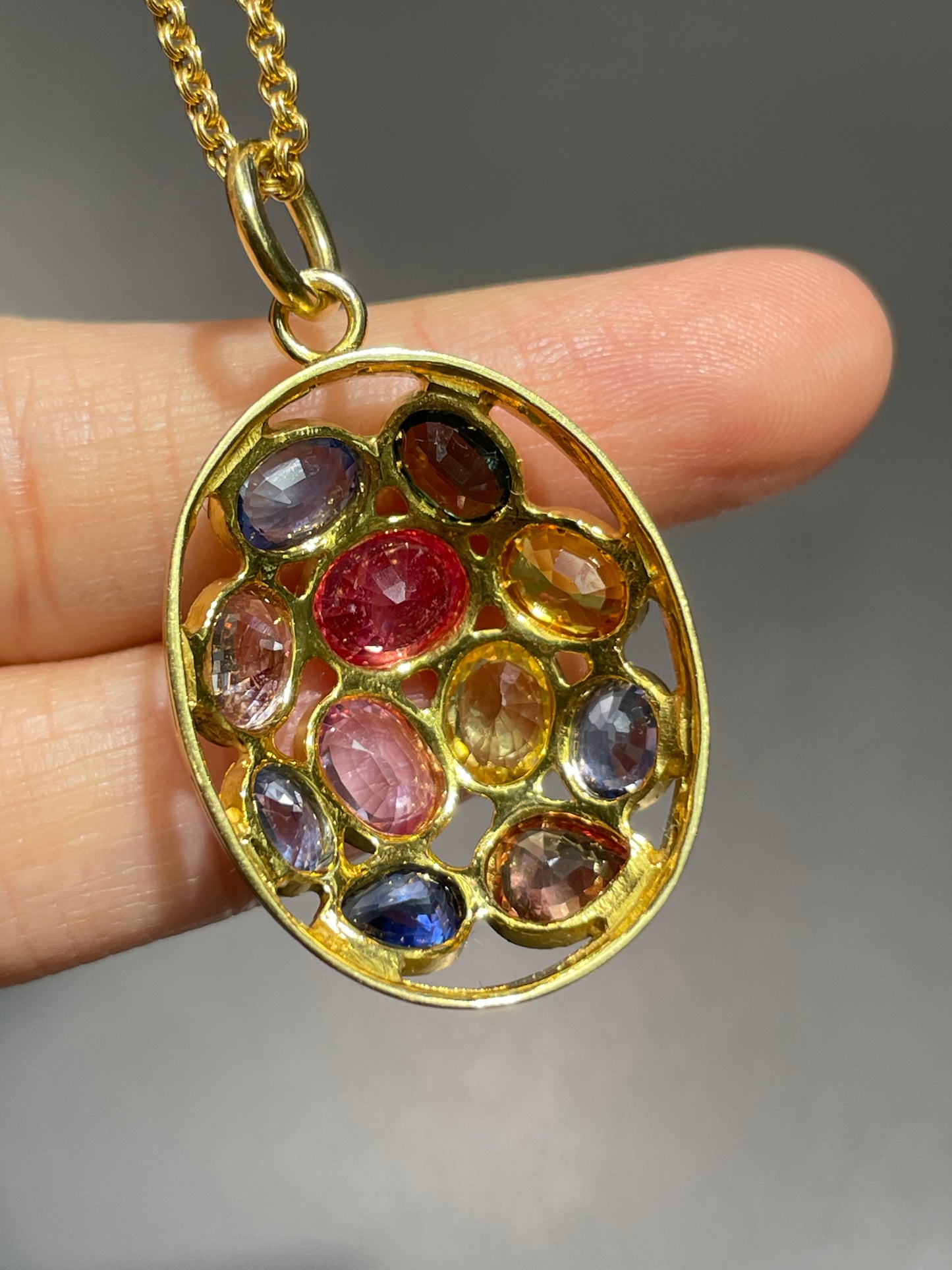 18K Gold Multi Color Sapphire Cluster Pendant