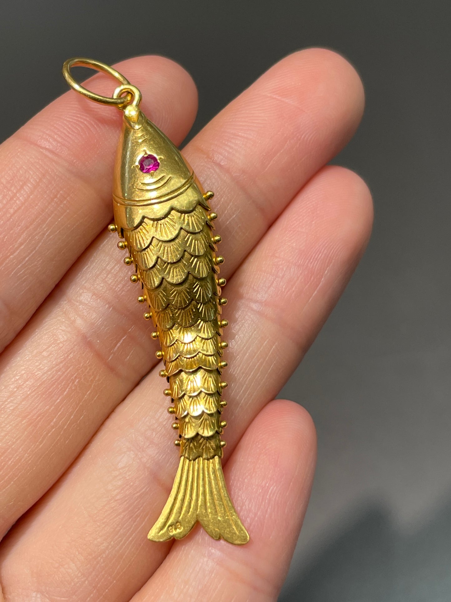 Vintage 22K Gold Large Ruby Articulating Fish Pendant