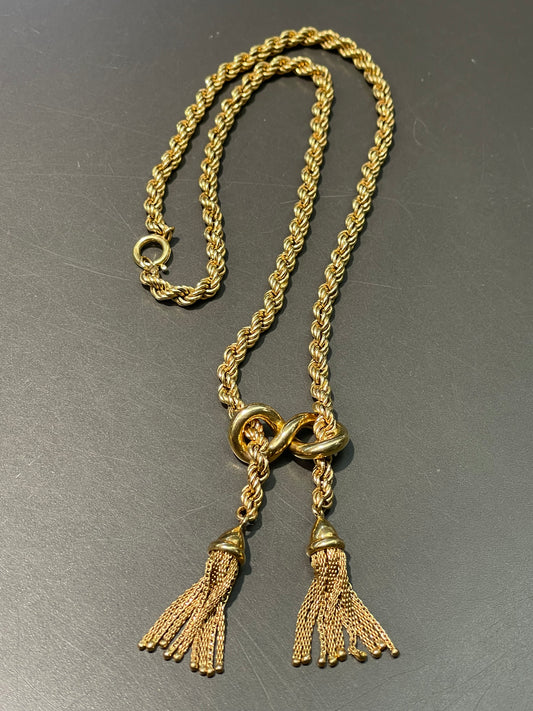 Vintage 18K Yellow Gold Twisted Rope Tassel Necklace