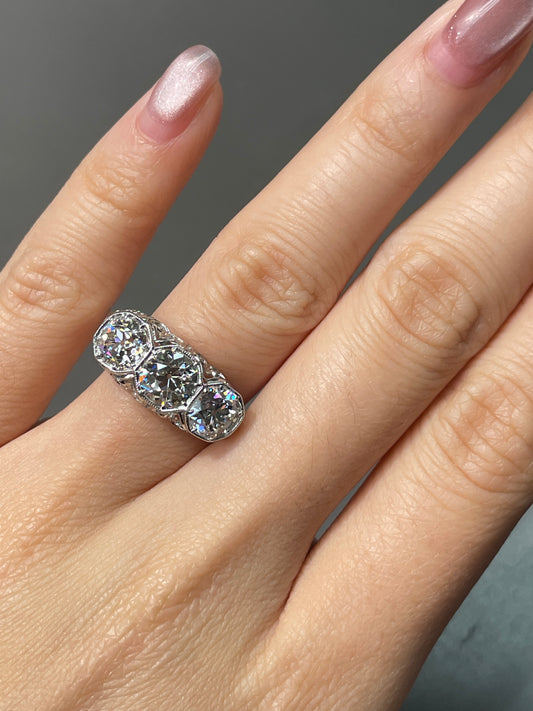 Antique Edwardian Platinum Gold 3.03 CTW Three Stone Diamond Ring
