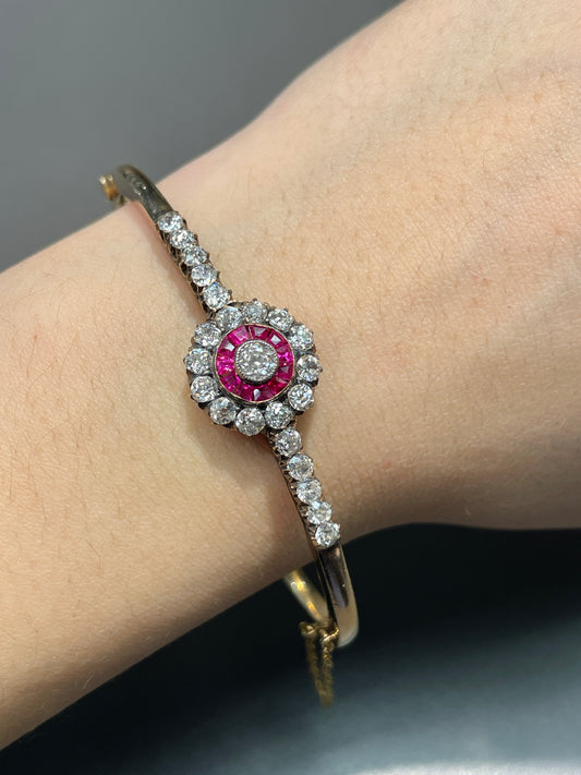 Antique 18K Gold Topped Silver Diamond Ruby Target Bangle Bracelet