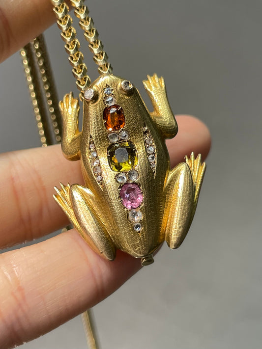 Antique 18K Gold Tourmaline Diamond Frog Pendant Brooch