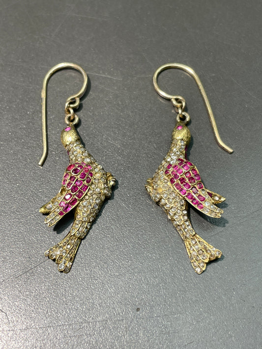 Antique 14K Gold Ruby Diamond Bird Drop Earring
