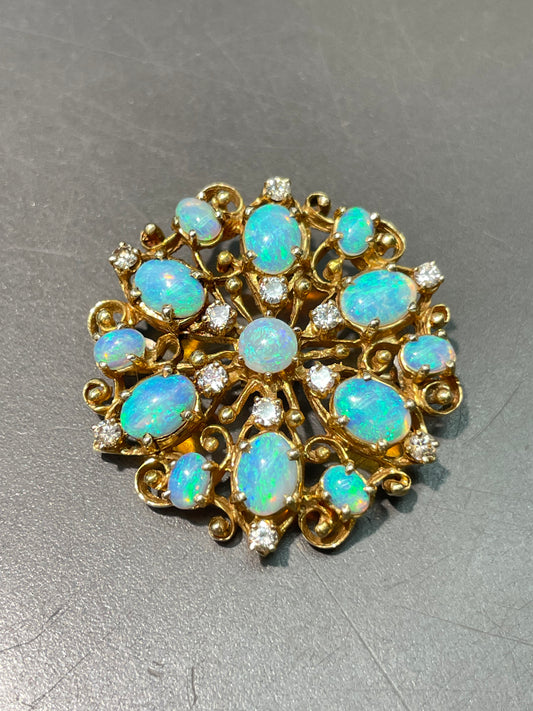 Vintage 14K Yellow Gold Opal Diamond Cluster Pendant Brooch