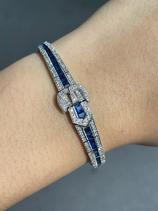 Art Deco Style 18K Gold Sapphire Diamond Buckle Bracelet