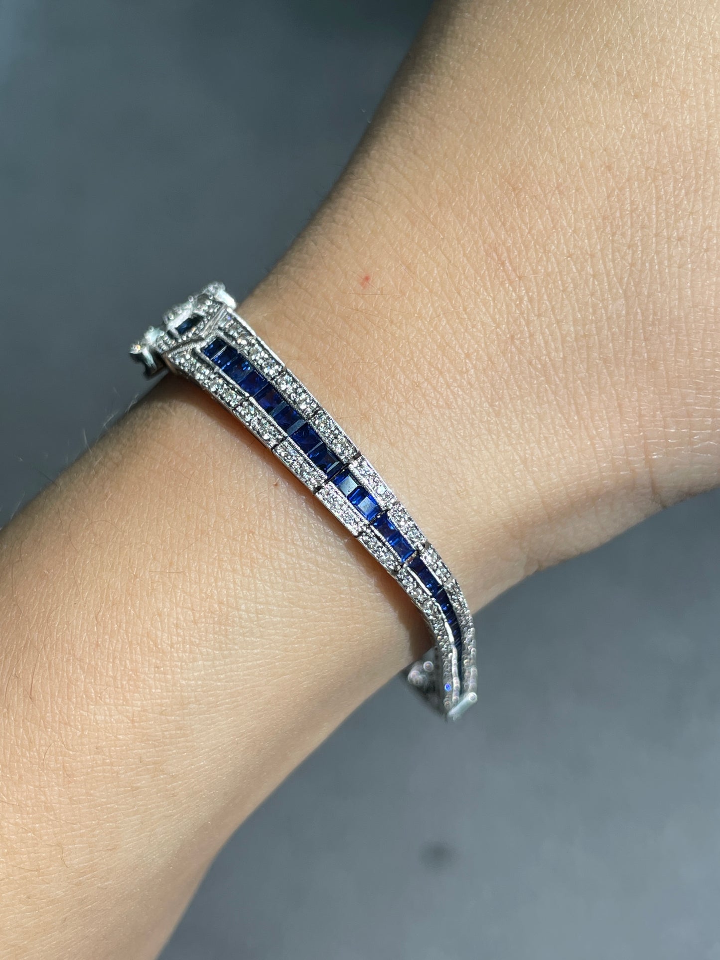 Art Deco Style 18K Gold Sapphire Diamond Buckle Bracelet