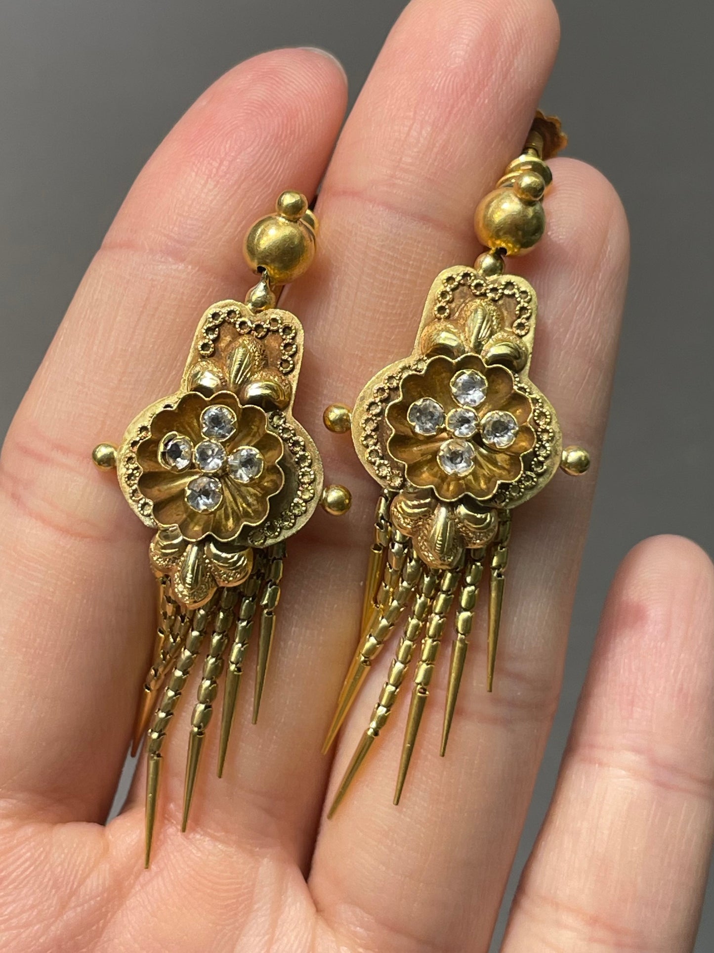 Antique Victorian Etruscan 14K Yellow Gold White Sapphire Fringe Earring
