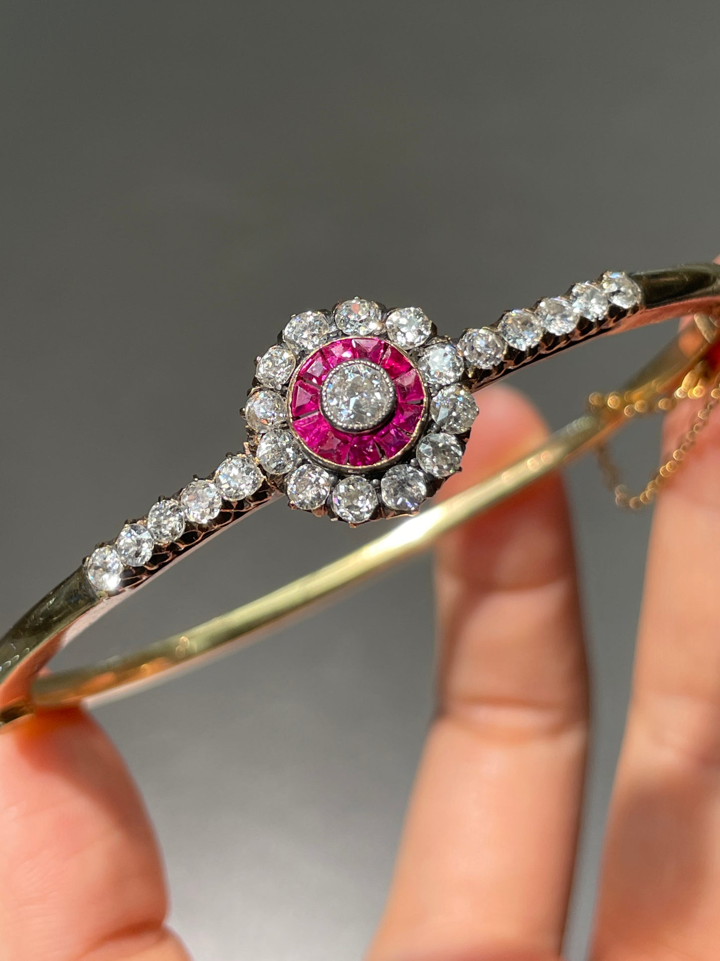 Antique 14K Gold Diamond Ruby Target Bangle Bracelet