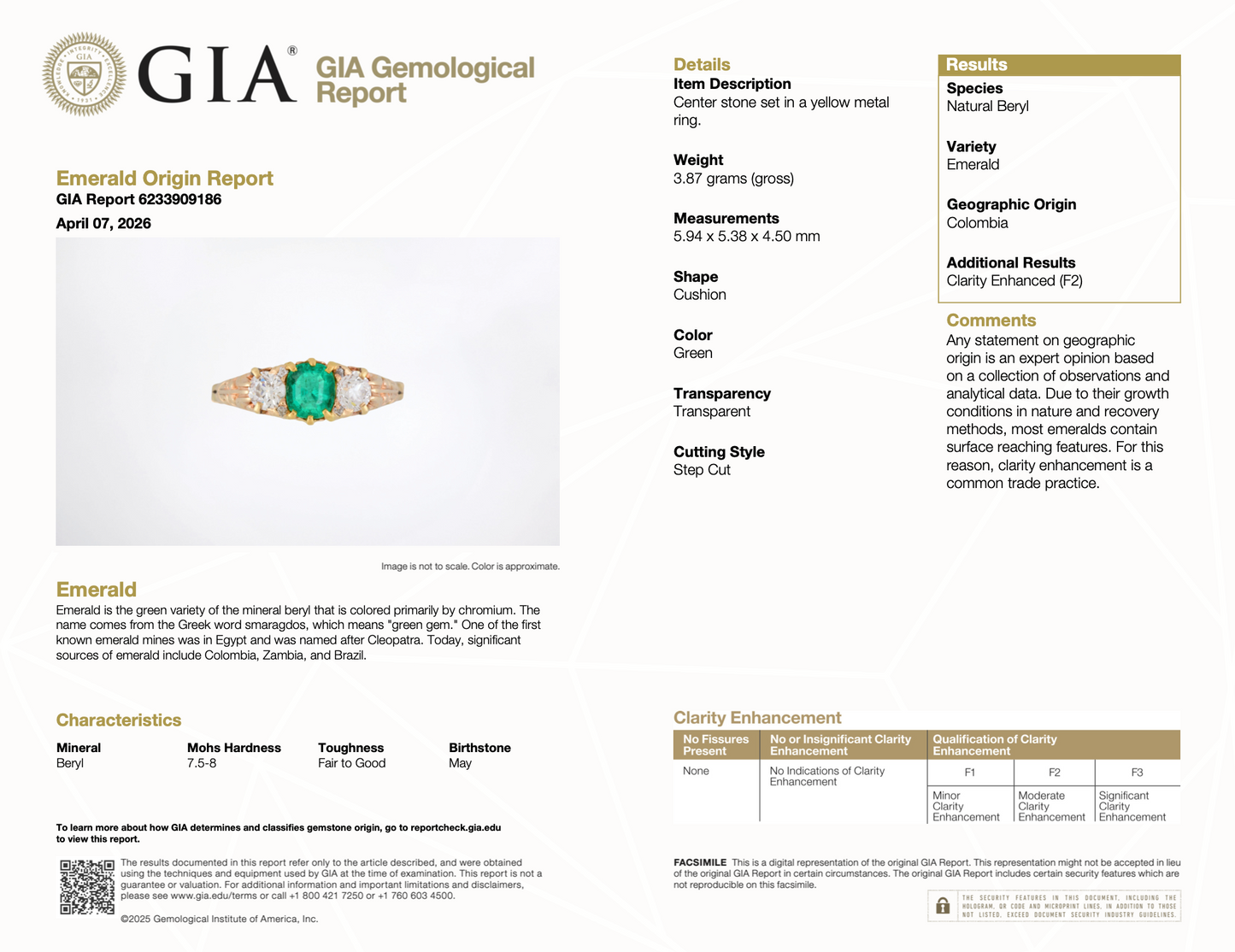 Antique 14K Gold 1.15 CTW Colombian Emerald Diamond Three Stone Ring GIA
