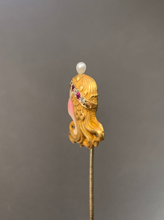 Art Nouveau 14K Gold Enamel Diamond Ruby and Pearl Egyptian Empress Stick Pin