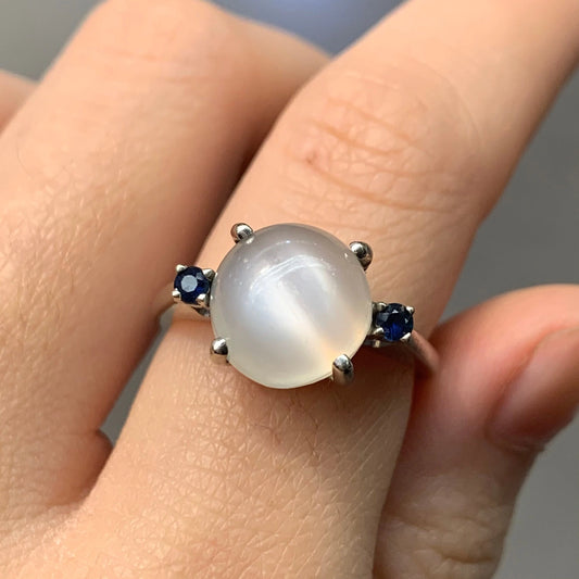 14K White Gold Natural Moonstone Sapphire Ring